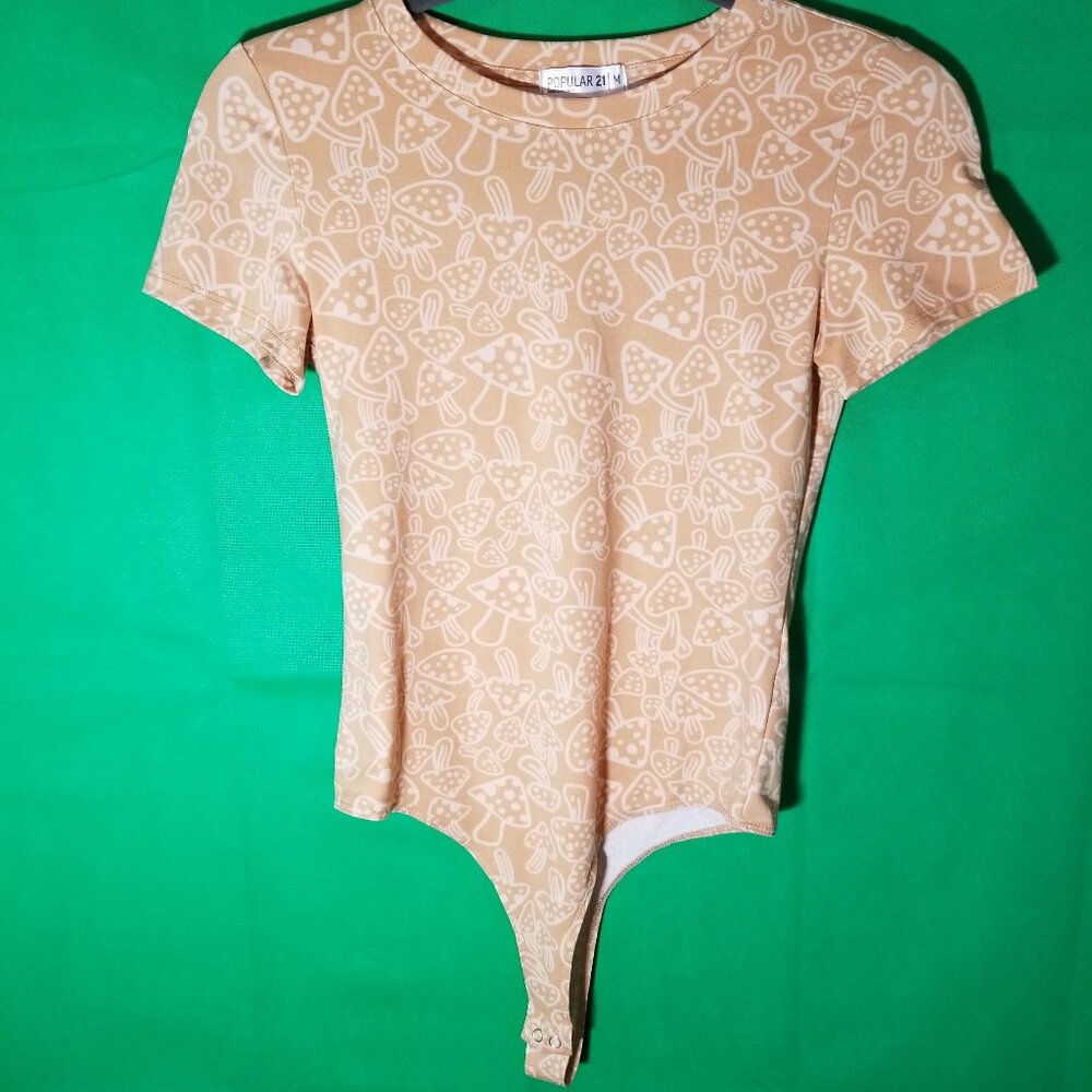Popular 21 Mushroom Print Short Sleeve Body Suit Size M Hippie Rave Festival NWT